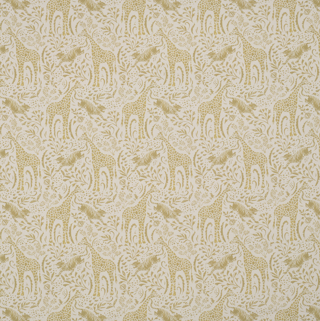 Playful headboard with giraffes and tigers printed in a gold yellow color onto cotton. Exotic, fun and still calm.