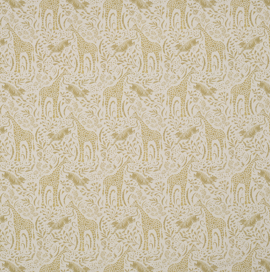 Playful headboard with giraffes and tigers printed in a gold yellow color onto cotton. Exotic, fun and still calm.