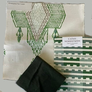 Moodboard with fabrics - Green velvet, large scale fabric Travelling Light from Christopher Farr and small scale Marianne fabric from Cathy Nordstrøm. 