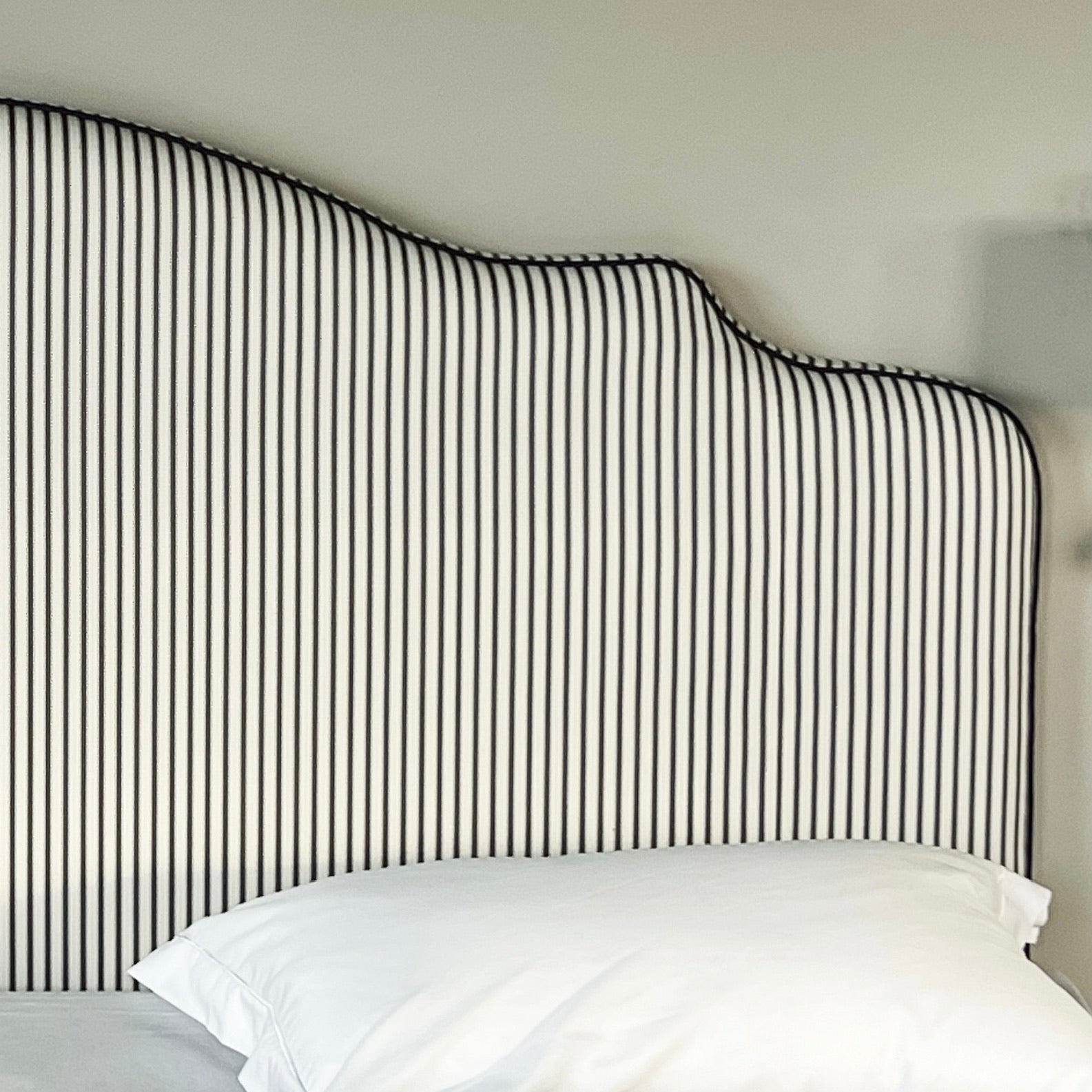 Custom Headboard in Agathe Stripe Marine Blue Headboard Embrace Shape