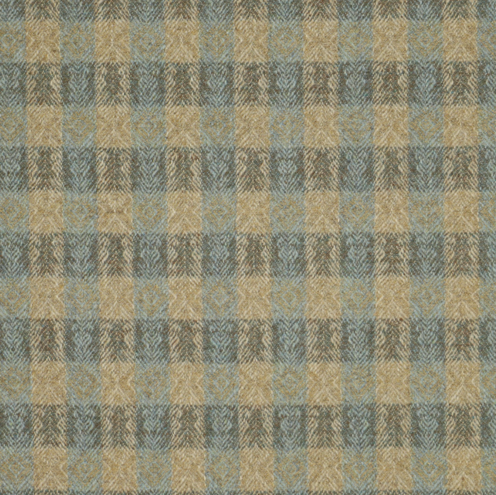 Plaid pattern with shades of blue and beige. Wool fabric for headboard. 