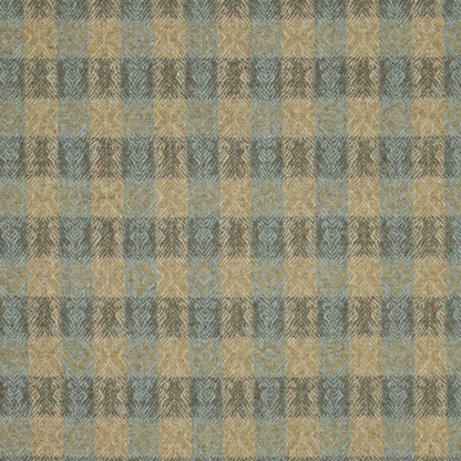 Plaid pattern with shades of blue and beige. Wool fabric for headboard. 