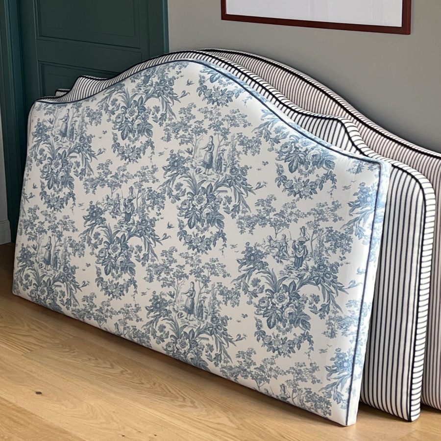 Headboard upholstered in Belle Saison from Lelievre. Custom made.