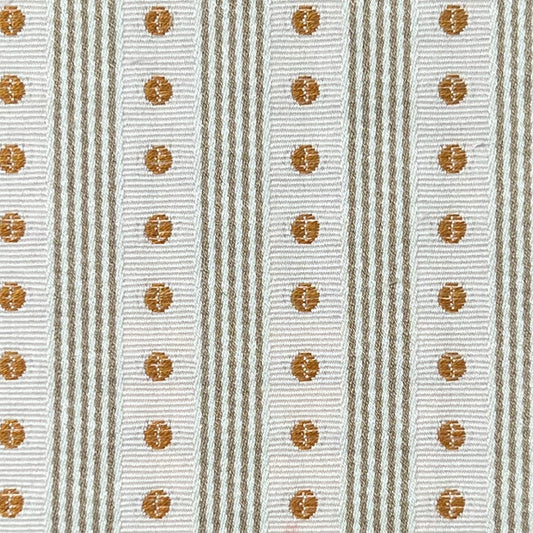 Textile pattern with brown circular designs on a striped background