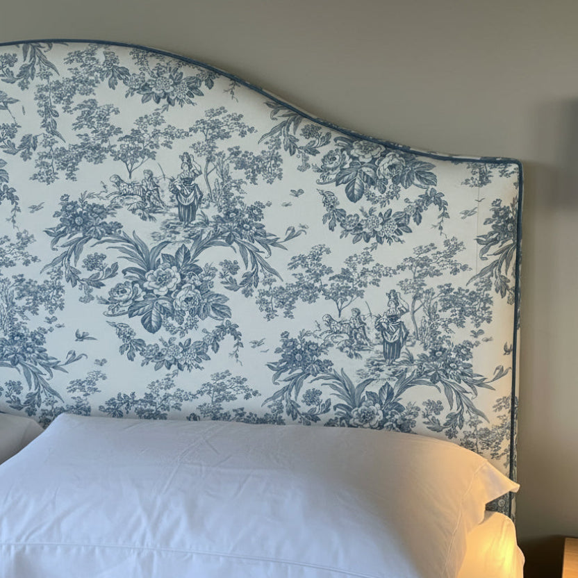 Custom made headboard in fabric Belle Saison from Lelievre