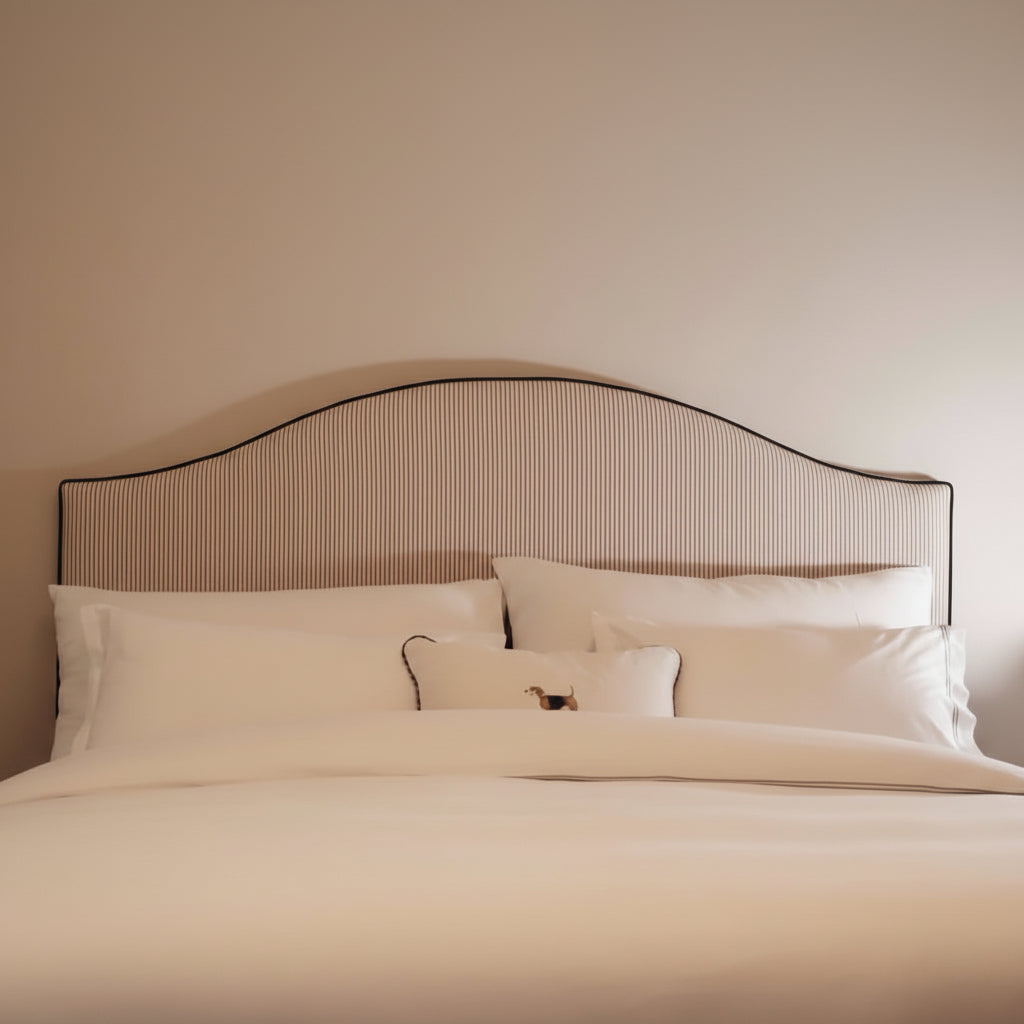 Brown Ian Manking Ticking Stripe 1 Headboard with brown velour piping in a curved shape. 