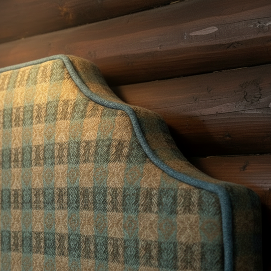 Plaid headboard with blue and beige pattern on wooden logs