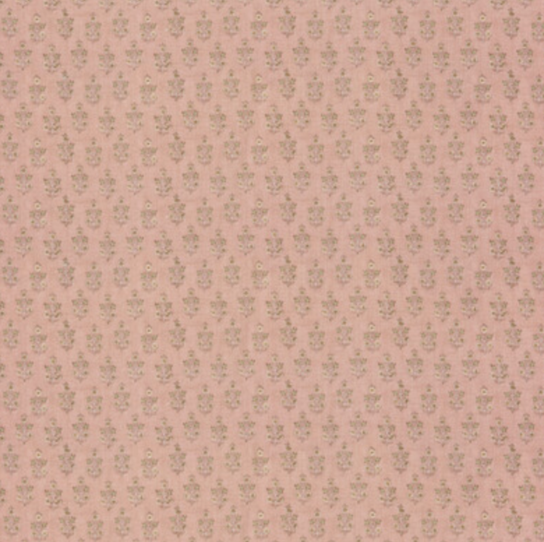 Headboard in a small scaled floral pattern on a blush pink backdrop, here shown in full width. 