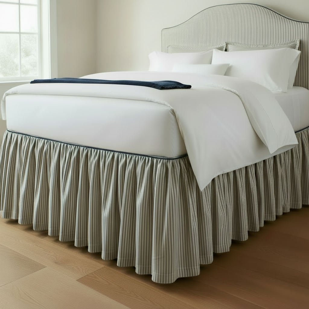 Sengekappe sydd på mål. Bedskirt made-to-order and handcrafted in striped fabric. 