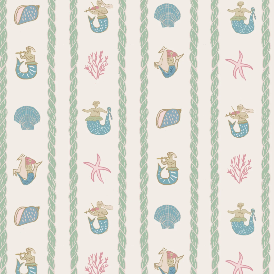 Headboard upholstered in Annika Reed Studios linen Swim Away With the Mermaids