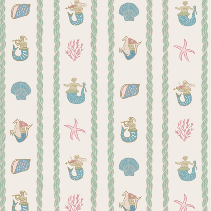 Headboard upholstered in Annika Reed Studios linen Swim Away With the Mermaids