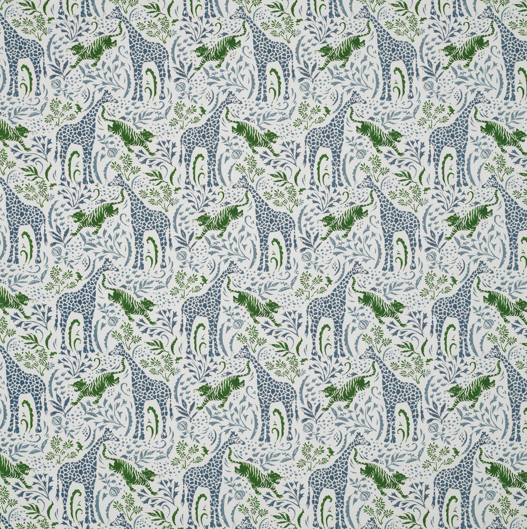 Playful headboard with giraffes and tigers. Blue and green fabric, printed on cotton. Perfect for kids rooms and cottage bedrooms. 