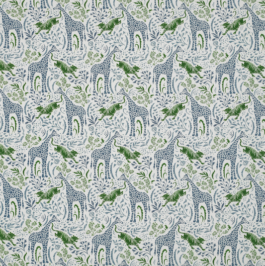 Playful headboard with giraffes and tigers. Blue and green fabric, printed on cotton. Perfect for kids rooms and cottage bedrooms. 