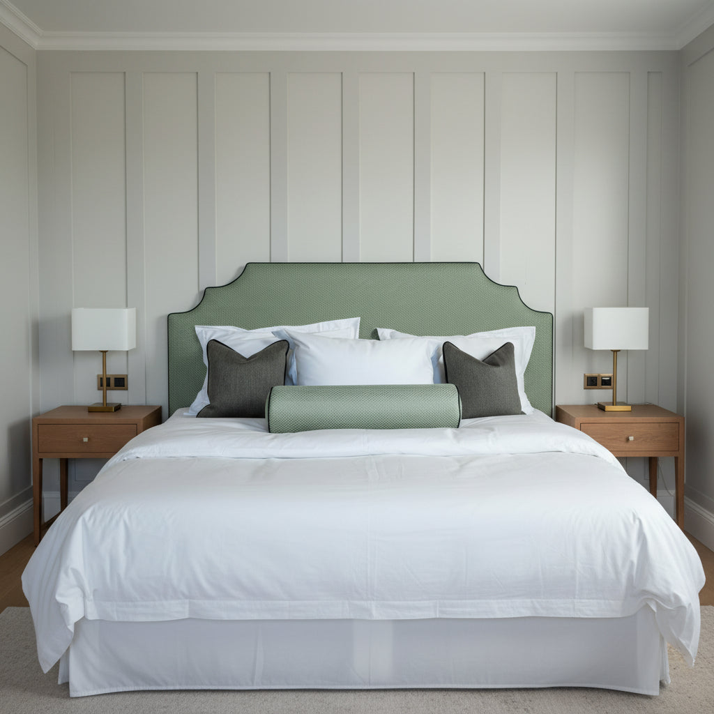 Headboard upholstered in green Turgot Nobilis Paris fabric. 
Sengegavl trukket i tesktil fra Nobilis Paris. 
Håndlaget. Made-to-order. 