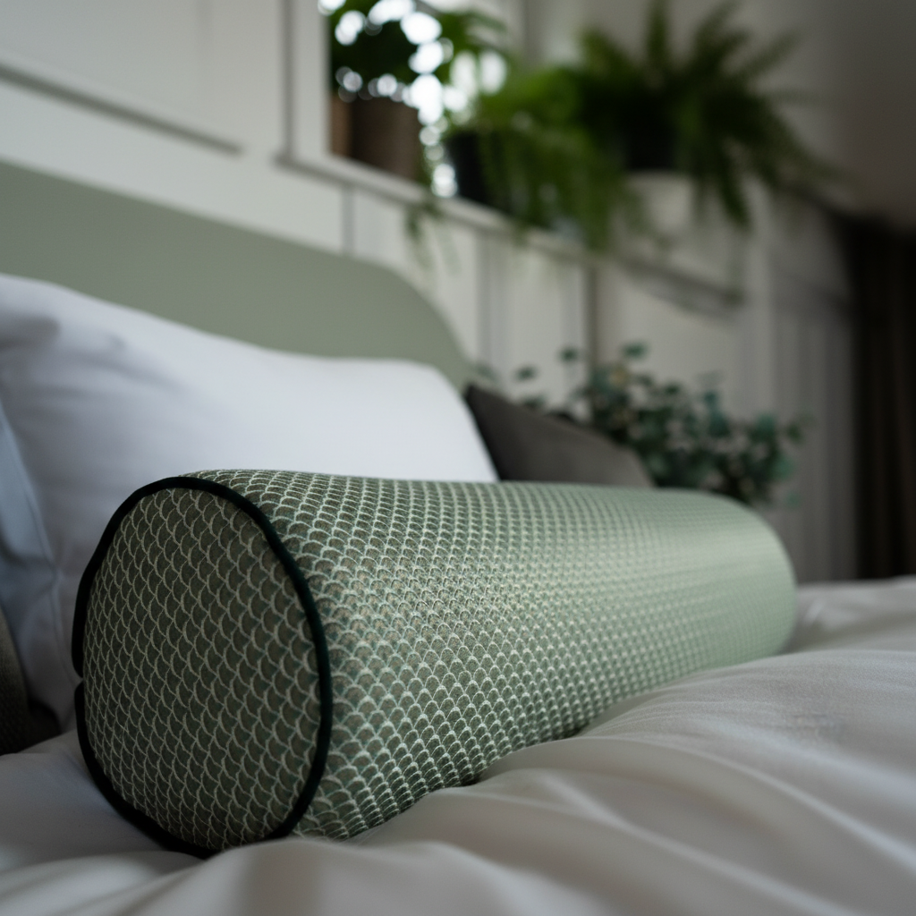 Bolster pillow made-to-order in Turgot fabric from Nobilis Paris with Houles Paris dark green piping. 